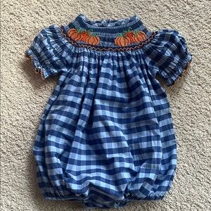 Classic Whimsy Blue Gingham Baby Romper with Smocked Pumpkin Embroidery. Sz 12mo